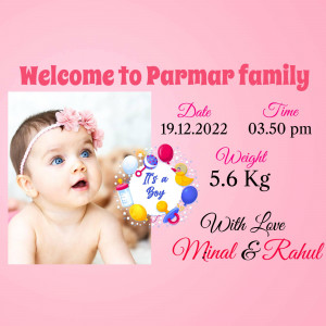 Welcome baby announcement with a cute baby girl photo and details.