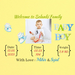 Newborn baby boy announcement with date, time and weight details