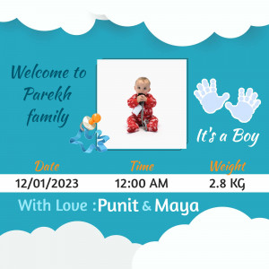 Newborn baby boy announcement with footprints and details