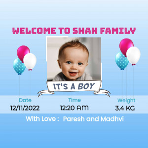 Newborn baby boy announcement with balloons and details