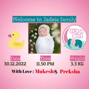 Newborn baby girl announcement with family details