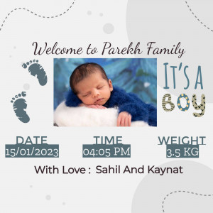 Newborn baby boy announcement with footprints and birth details