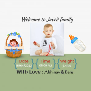 Baby announcement card with baby photo, birth details, and cute illustrations.