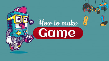 Cartoon robot character holding a game controller with hanging game controllers and text 'How to make Game'