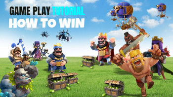 Clash of Clans characters and gameplay elements with text 'GAME PLAY TUTORIAL HOW TO WIN'