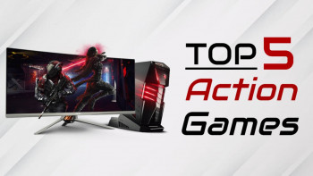 Gaming setup with a curved monitor and PC tower displaying an action game.