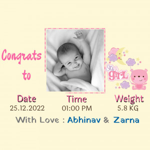 Baby girl announcement with date, time, weight and parents' names.