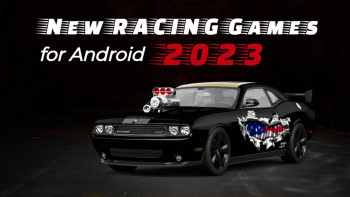 Black sports car with flames and text 'New Racing Games for Android 2023'