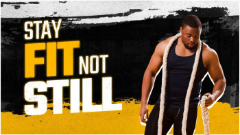 A muscular man with a rope around his neck and the text 'Stay Fit Not Still'.