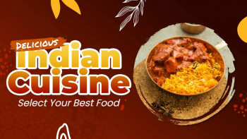 Close-up of Indian curry with rice, promoting Indian food.