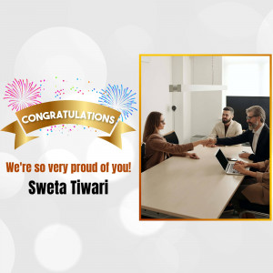 Image celebrating Sweta Tiwari's new job with a handshake and celebratory graphics.