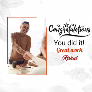 Image of a man shaking hands with someone across a desk with a 'Congratulations' message.