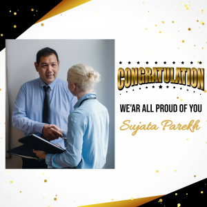 Image of a man and woman shaking hands with a congratulatory message for Sujata Parekh.