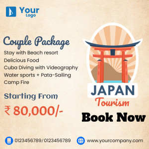 Promotional image for a Japan couple tourism package with beach resort, diving, and cultural elements.