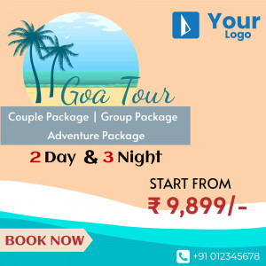 Goa Tour Advertisement with beach, palm trees, and package details