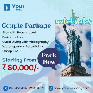 Travel advertisement for a couple's package to the United States featuring the Statue of Liberty.