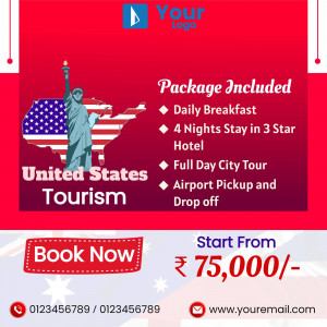 Image advertising a tourism package to the United States, featuring the Statue of Liberty and a map of the USA.