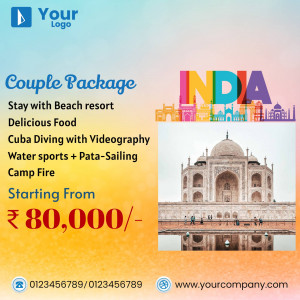 Travel advertisement for a couple's package to India featuring a beach resort and the Taj Mahal.