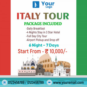 Italy Tour Package advertisement with landmarks and package details