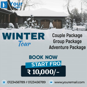 Winter tour packages advertisement with a snowy house background and booking information.