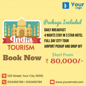 Promotional image for an India tourism package including Taj Mahal, breakfast, hotel stay, and city tour.