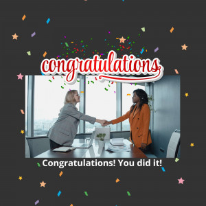 Two businesswomen shaking hands with confetti and celebratory text.