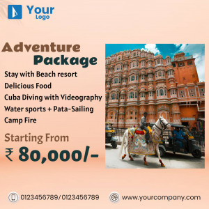 Adventure package advertisement featuring a vibrant Indian city scene and beach resort.
