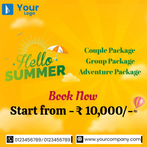 Summer travel packages advertisement with a beach umbrella and sun