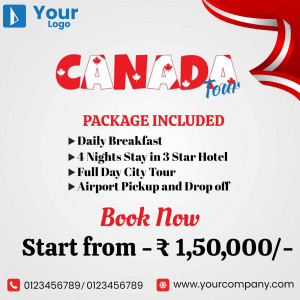 Advertisement for a Canada tour package including breakfast, hotel stay, city tour, and airport transfers.