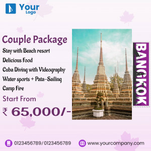 Bangkok Couple Package advertisement with beach resort and cultural landmarks.