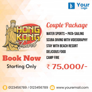 Promotional graphic for a Hong Kong couple travel package including water sports and beach stay.