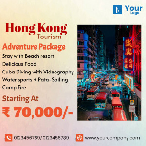 Hong Kong Tourism advertisement featuring a vibrant city night scene and travel package details.
