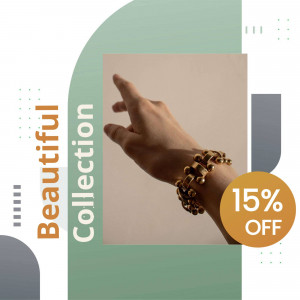Close-up of a hand wearing a gold bracelet with a promotional offer.