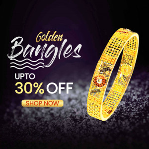 Close-up of golden bangles with a promotional offer