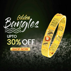 Close-up of golden bangles with a promotional offer