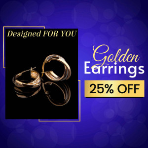 Close-up of golden hoop earrings with a 25% off promotion.
