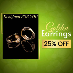 Close-up of golden hoop earrings with a 25% off promotion.
