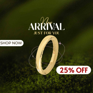 Gold ring with a new arrival promotion and 25% discount.