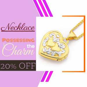 Gold heart-shaped locket necklace with floral design, on sale.
