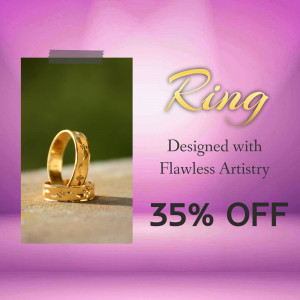 Close-up of a gold ring with a floral design, advertising a 35% discount.