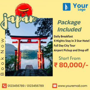 Japan travel package advertisement featuring a Torii gate and lake.