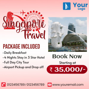 Singapore Travel Package Advertisement with Merlion and Singapore Flyer