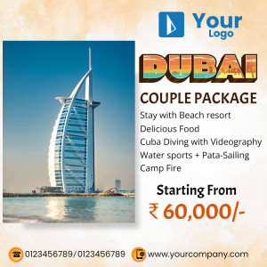 Dubai Couple Package advertisement featuring the Burj Al Arab and beach resort details.