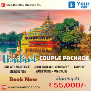 Promotional image for a Thailand couple package including beach resort stay, scuba diving, and water sports.