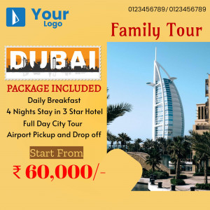 Dubai Family Tour Package advertisement with Burj Khalifa and package details.