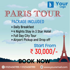 Paris Tour Package advertisement with Eiffel Tower and package details
