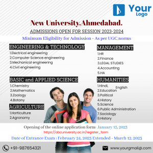 Admissions open for Engineering, Management, Basic & Applied Science, Agriculture, and Humanities at New University Ahmedabad.