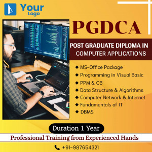 Image promoting a Post Graduate Diploma in Computer Applications course with a man working on a laptop.