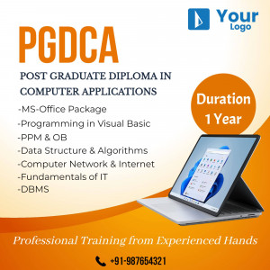 PGDCA course advertisement with laptop and course details