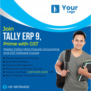 Advertisement for Tally ERP 9 Prime with GST course featuring a student with a laptop.